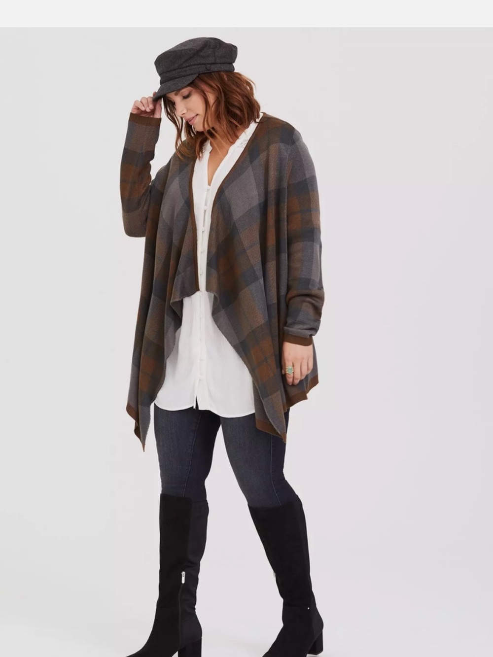 TORRID X OUTLANDER Tartan Scottish  Plaid Open-Front Cardigan in Gray and Brown